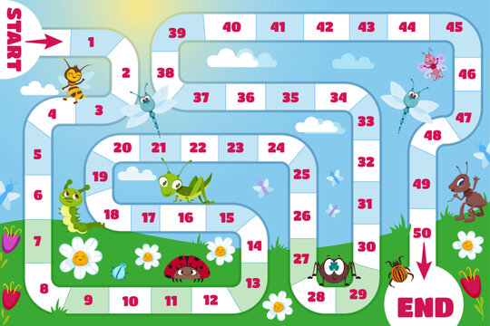 Family board game for children. Kids play boardgame with path and numbers on green meadow, start and finish sign, flowers, bugs, ant, ladybug and grasshopper. Cartoon vector illustration.