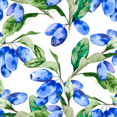 Seamless pattern of honeysuckle branches with berries and leaves on white background. Hand drawn watercolor illustration.