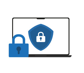 Laptop with protection and blocking from viruses, trojans, etc. Vector illustration