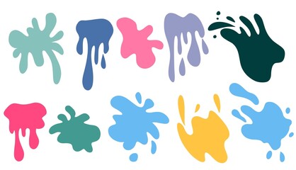 Fototapeta na wymiar Spray paint set. Colorful collection of splashes, liquids of decorative shapes. Various splashes and drops, cartoon splashes. Colored link paints. Flat cartoon illustration isolate on white background