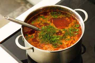 Pot of freshly cooked ukrainian borscht on a kitchen stove.