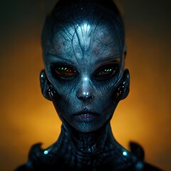 A 3D illustration of an alien in dark blue form with dark eyes