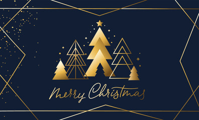 Merry Christmas Luxury design template with abstract geometric shapes and golden trees. Elegant holiday vector illustration for invitation, banner, greeting card, party, certificate, celebration event