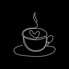 Cup of coffee with heart simple one line art design. Coffee continuous line design vector illustration. Coffee sign for logo, tattoo, print, poster, menu, cafe, restaurant etc. Simple trendy design