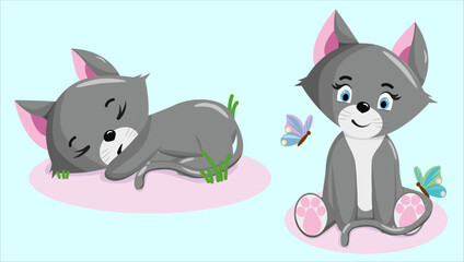 Cute sitting and sleeping kitten. Little funny cats