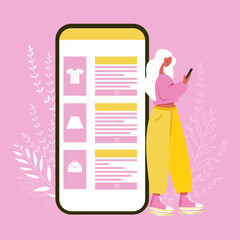 Woman doing shopping online with mobile phone, buying clothes on sale. Buyer using smartphone, making purchases through internet at home. Flat vector illustration isolated on white background