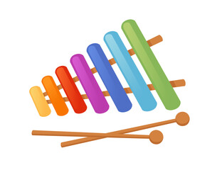 vector flat Illustration of cheerful xylophone isolated on white backdrop. child music performance, rainbow cartoon musical percussion instrument, happy fun game, kid entertainment. drum wood sound