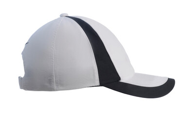 Side view of white Baseball cap isolated in transparent png format