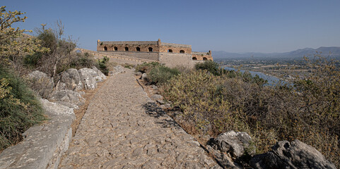 The Castle of Palamidi, the best well-maintained huge castle, the Venetian fortifications architectural masterpice, located in Nafplio on the crest of a 216m cliff, Argolis, Peloponnese, Greece