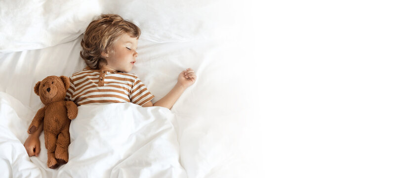 Banner with top view of cute little baby sleeping sweetly with bear toy on white clean bed clothes in his cozy bed at home