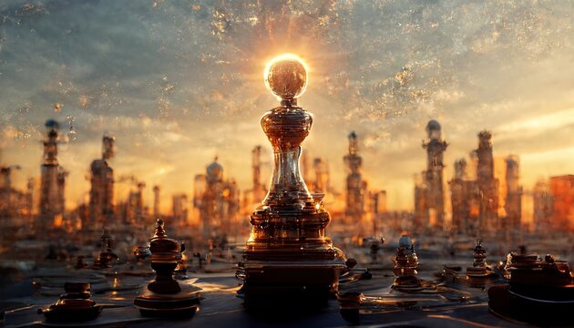 A 3D illustration of a golden chess trophy standing in front of the orange city