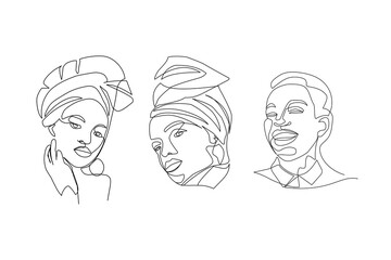 Vector illustration of portraits of african women painted in line art style
