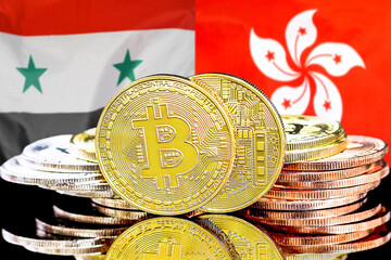 Bitcoins on flag Syria and Hong Kong background. Concept for investors in cryptocurrency and...