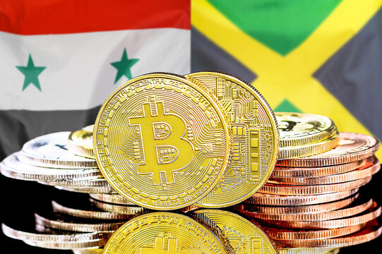 Bitcoins on flag Syria and Jamaica background. Concept for investors in cryptocurrency and Blockchain technology in Syria and Jamaica