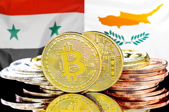 Bitcoins on flag Syria and Cyprus background. Concept for investors in cryptocurrency and Blockchain technology in Syria and Cyprus