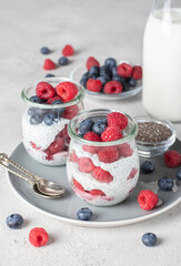 Chia pudding with blueberry and raspberry in two glass jars on light gray background. Healthy food