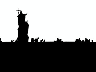 Abstract minimalist black and white picture with many tourists on Charles Bridge in Prague