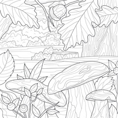 Obraz premium Autumn landscape with mushrooms.Coloring book antistress for children and adults. Zen-tangle style. Hand draw