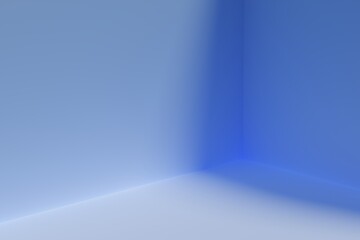Empty blue room with corner, light and shadows for product presentation or background, 3d render