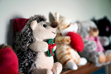 Many plush toys lined up. Hedgehog