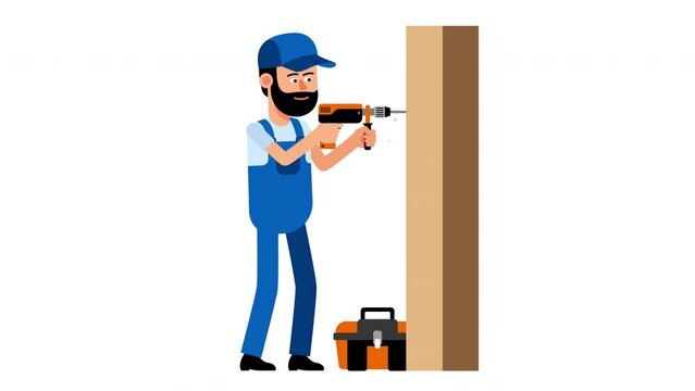 Worker drills a hole in the wall with an electric drill. Looped animation.