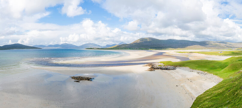 Wide panoramic view of Luskentyre Sands beach on the Isle of Harris, Scotland, UK