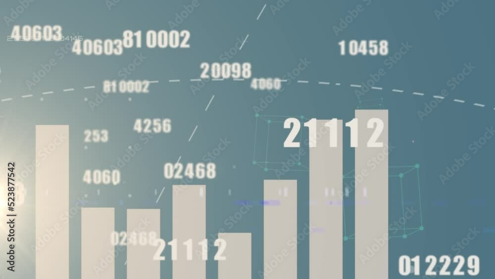 Poster animation of multiple changing numbers over statistical data processing against blue background