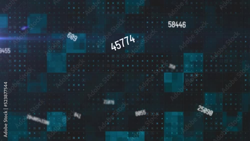 Poster animation of multiple changing numbers over square shapes and dot patterns against black background