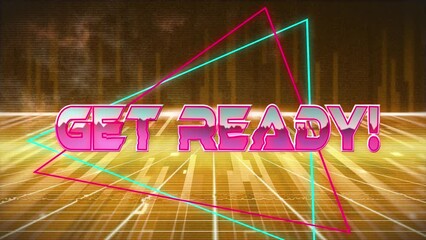 Animation of pink metallic text get ready over clouds and grid