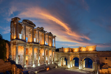 Ephesus unesco world heritage archaeological touristic destination with night lights celcius...