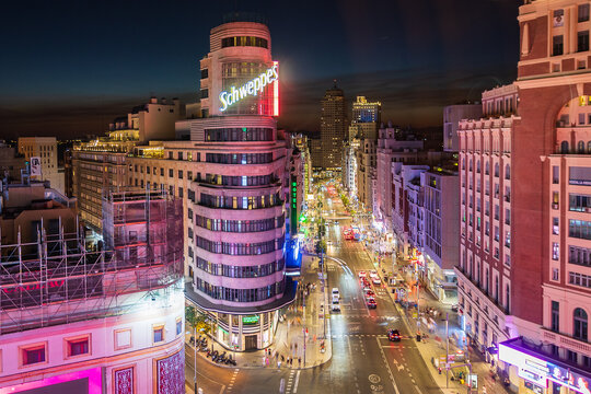 Cityscape of the "Gran Via" From "El Corte Ingles Gourmet Experience"restaurant (Madrid, Spain)
