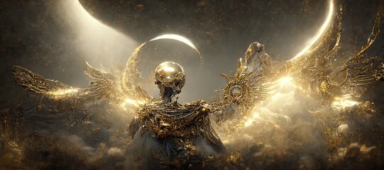 A 3D illustration of a Gold skeleton god with gold wings flying in the cosmos sky - obrazy, fototapety, plakaty