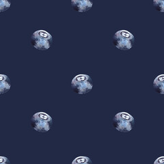 Watercolor pattern with blueberries on a dark background.
