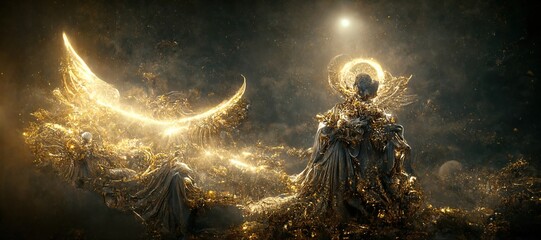 A 3D illustration of a Gold skeleton god with gold wings flying in the cosmos sky