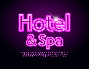 Vector glowing banner Hotel and Spa. Bright Neon Font. Set of electric Alphabet Letters, Numbers and Symbols