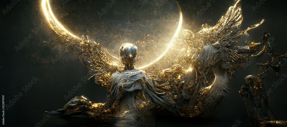 Wall mural a 3d illustration of a gold skeleton god with gold wings flying in the cosmos sky - Wall murals