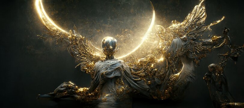 A 3D illustration of a Gold skeleton god with gold wings flying in the cosmos sky