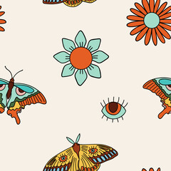 Illustration of a seamless pattern in the style of the seventies. Groovy and trippy elements. Plant elements, eyes, emoticons, butterfly.