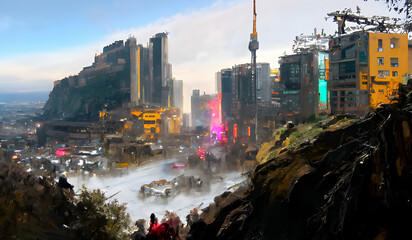 A 3d digital render of a futuristic industrial cyberpunk city scape with mountains.