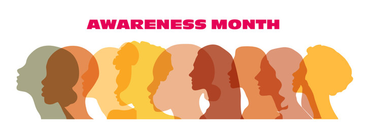 Awareness Month banner with colorful silhouette womans. 