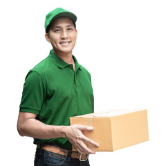 Deliveryman holding cardboard parcel box in hands