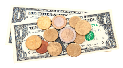 Dollar banknotes and euro coins