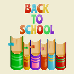 Back to school banner. Bright school background with books and text. Vector illustration in cartoon style.