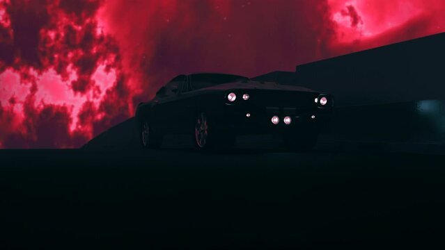 Abstract dark street and driving passenger car on a red apocalyptic sky background. Design. Beautiful car moving fast along fence at night on a cloudy hell sky background.