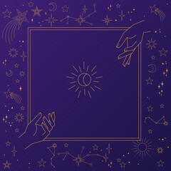 Astral celestial frame with stars, hands, sun, moon phases, and copy space. Mystic design. Ornate magical banner with a place for text. Linear geometric border