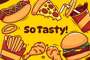 Tasty fast food illustration with burger pizza hotdog chicken fries and drink