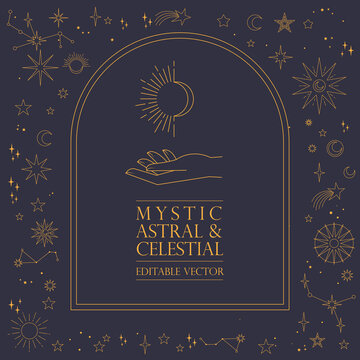 Astral Celestial Frame With Stars, Hands, Sun, Moon Phases, And Copy Space. Mystic Design. Ornate Magical Banner With A Place For Text. Linear Geometric Border