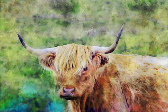 Watercolor illustration of a outdoor scottish cow