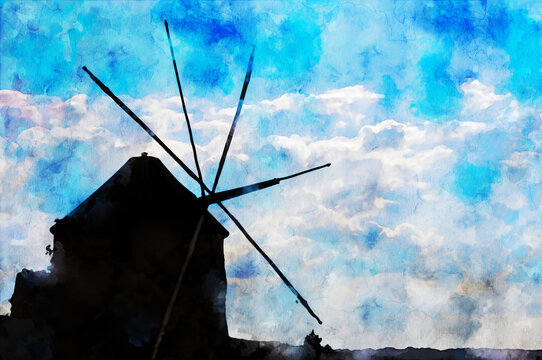 Watercolor illustrattion of an old windmill