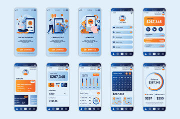 Fototapeta na wymiar Banking concept screens set for mobile app template. People make online transactions and manage financial account. UI, UX, GUI user interface kit for smartphone application layouts. Vector design